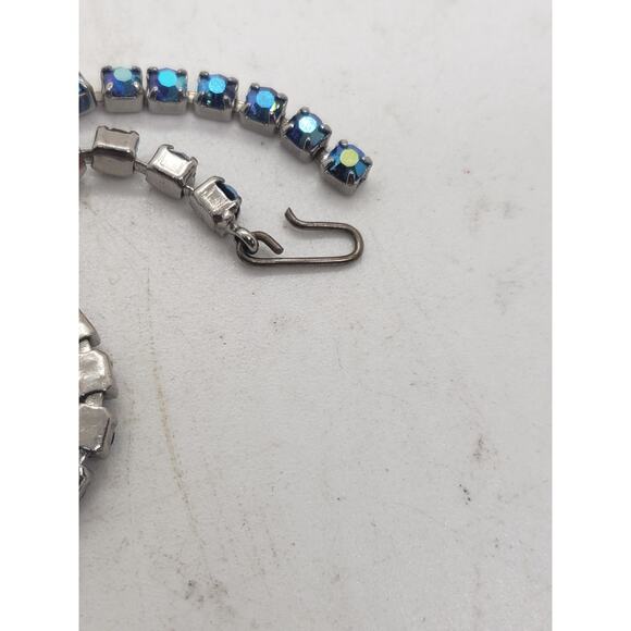 Vintage AB Aurora Borealis Blue Rhinestone Necklace Prong Set Hook Clasp Choker - Picture 5 of 7